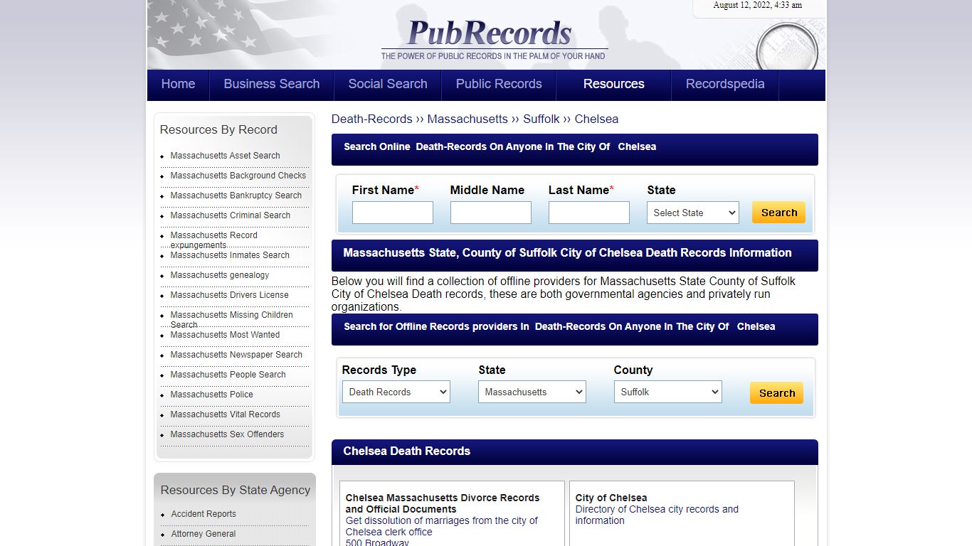 Chelsea, Suffolk County, Massachusetts Death Records